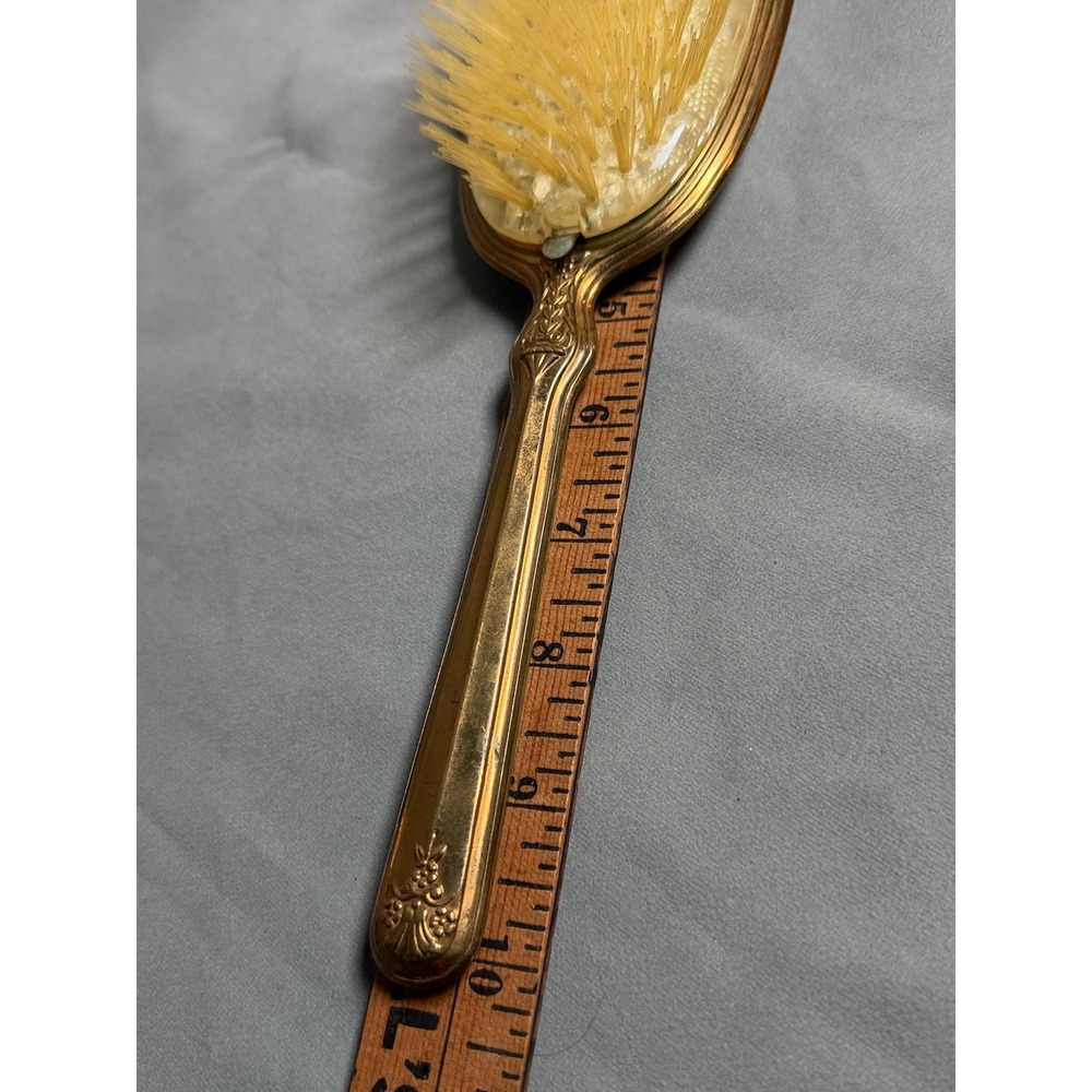 Vintage Mother of Pearl Inlay Gold Tone Vanity Set Hand Mirror Hairbrush 2pc - Picture 7 of 12